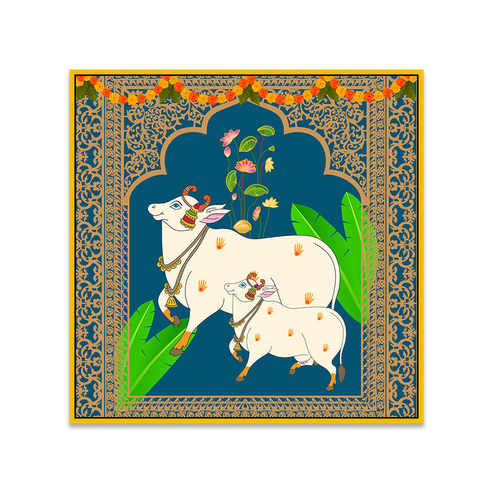 Pichwai Canvas Painting with Traditional Floral and Cow Designs