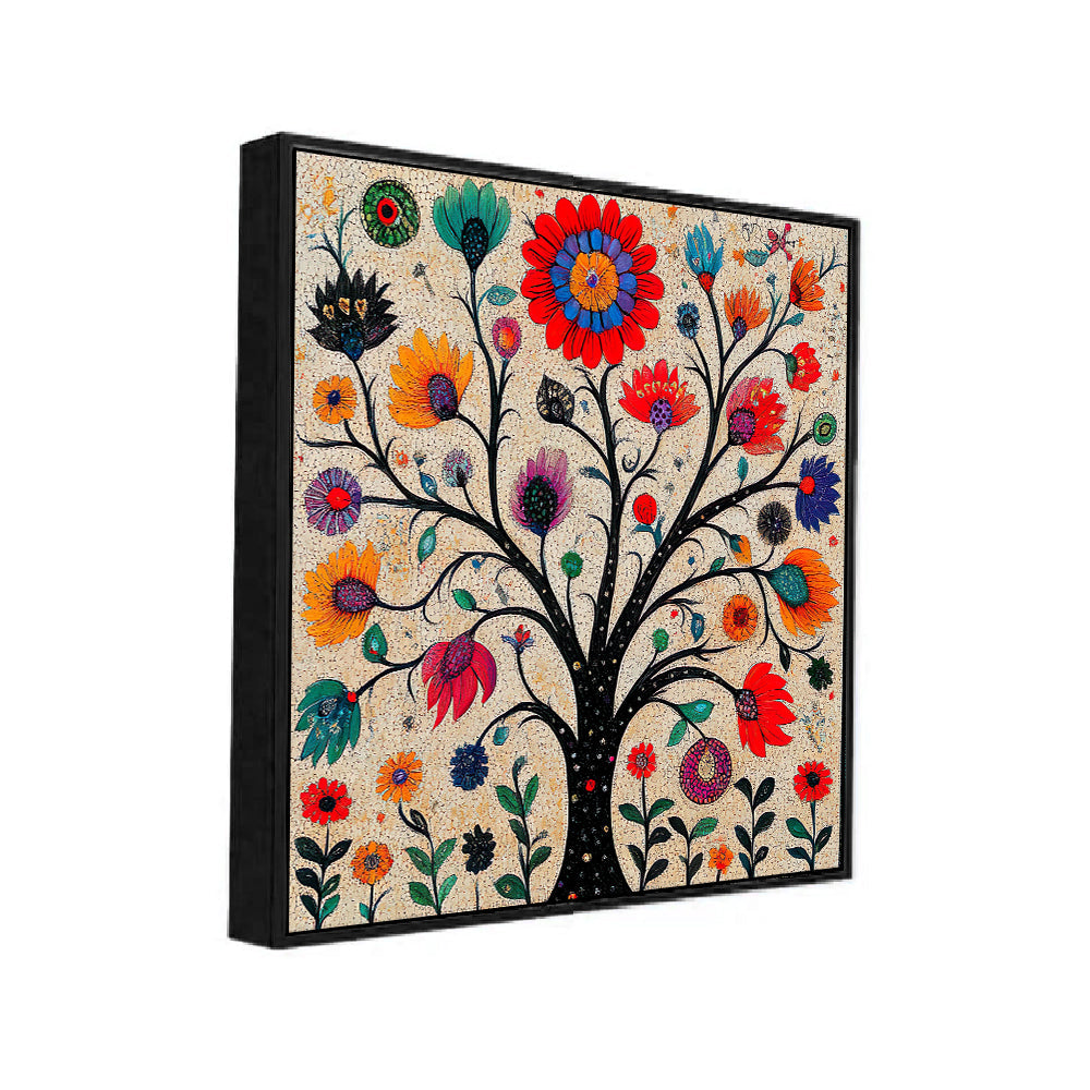 Indian Colorful Madhubani Canvas Painting Art with Detailed Floral Patterns