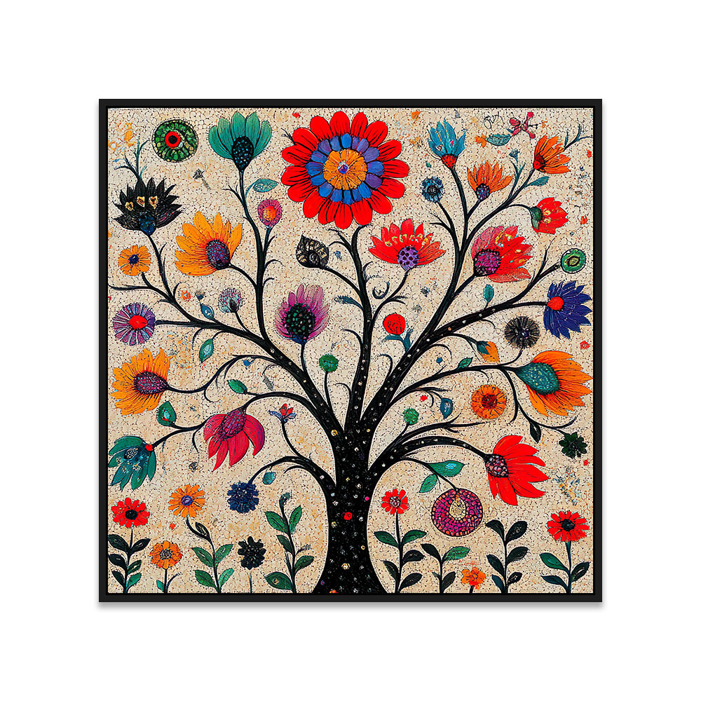 Indian Colorful Madhubani Canvas Painting Art with Detailed Floral Patterns