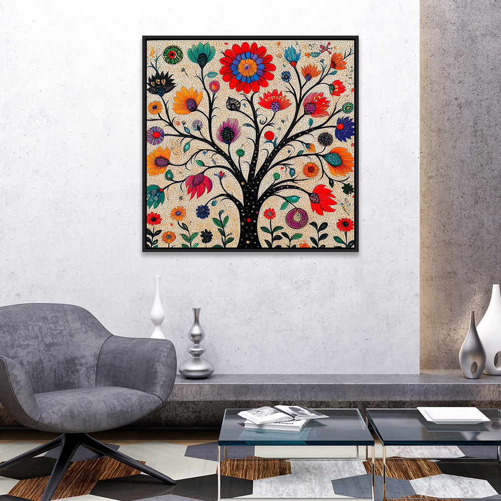 Indian Colorful Madhubani Canvas Painting Art with Detailed Floral Patterns