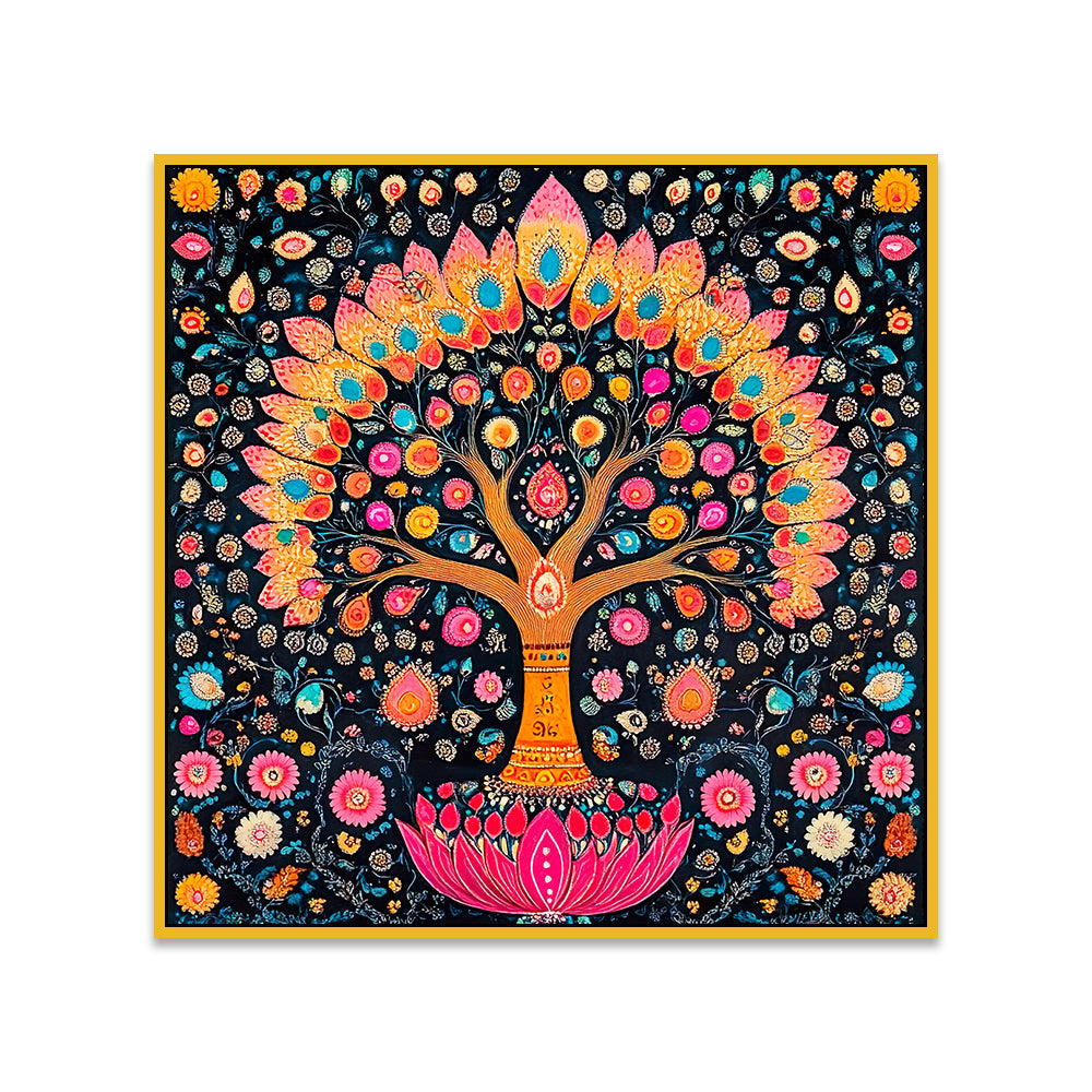 Authentic Madhubani Indian Colorful Wall Painting with Detailed Floral Patterns