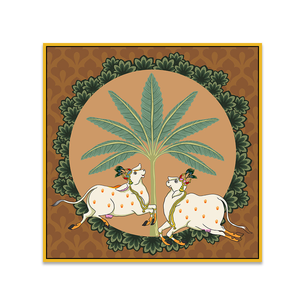 Pichwai Canvas Painting with Traditional Floral and Cow Designs