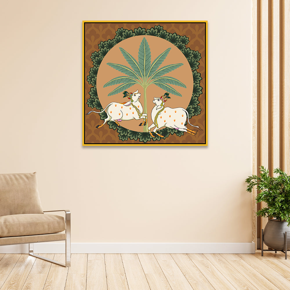 Pichwai Canvas Painting with Traditional Floral and Cow Designs