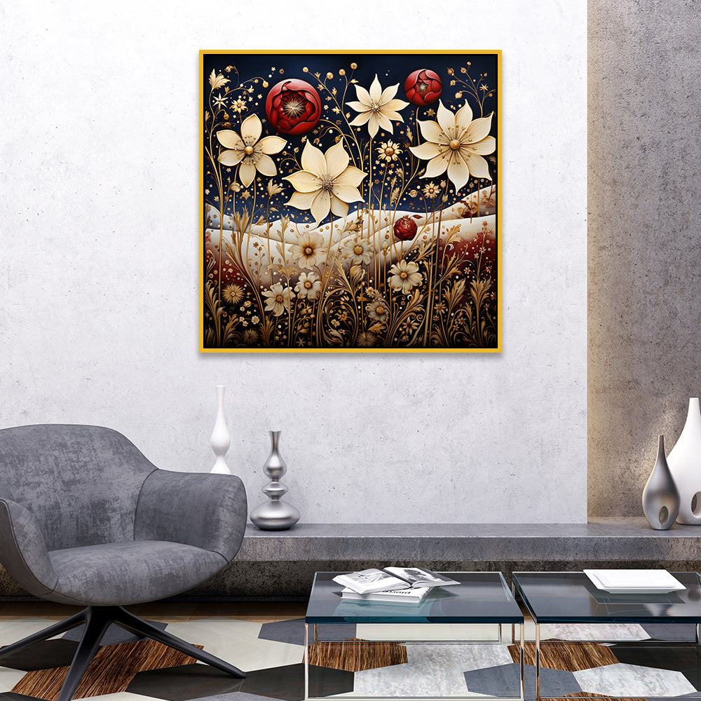 Colorful Abstract Golden Floral Canvas Wall Painting