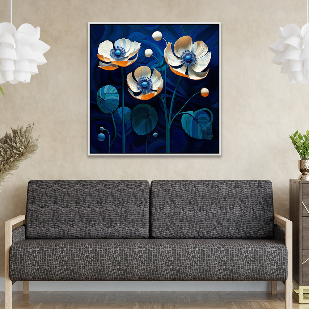 Colorful Surrealistic Flower Art On Blue Background Canvas Wall Painting