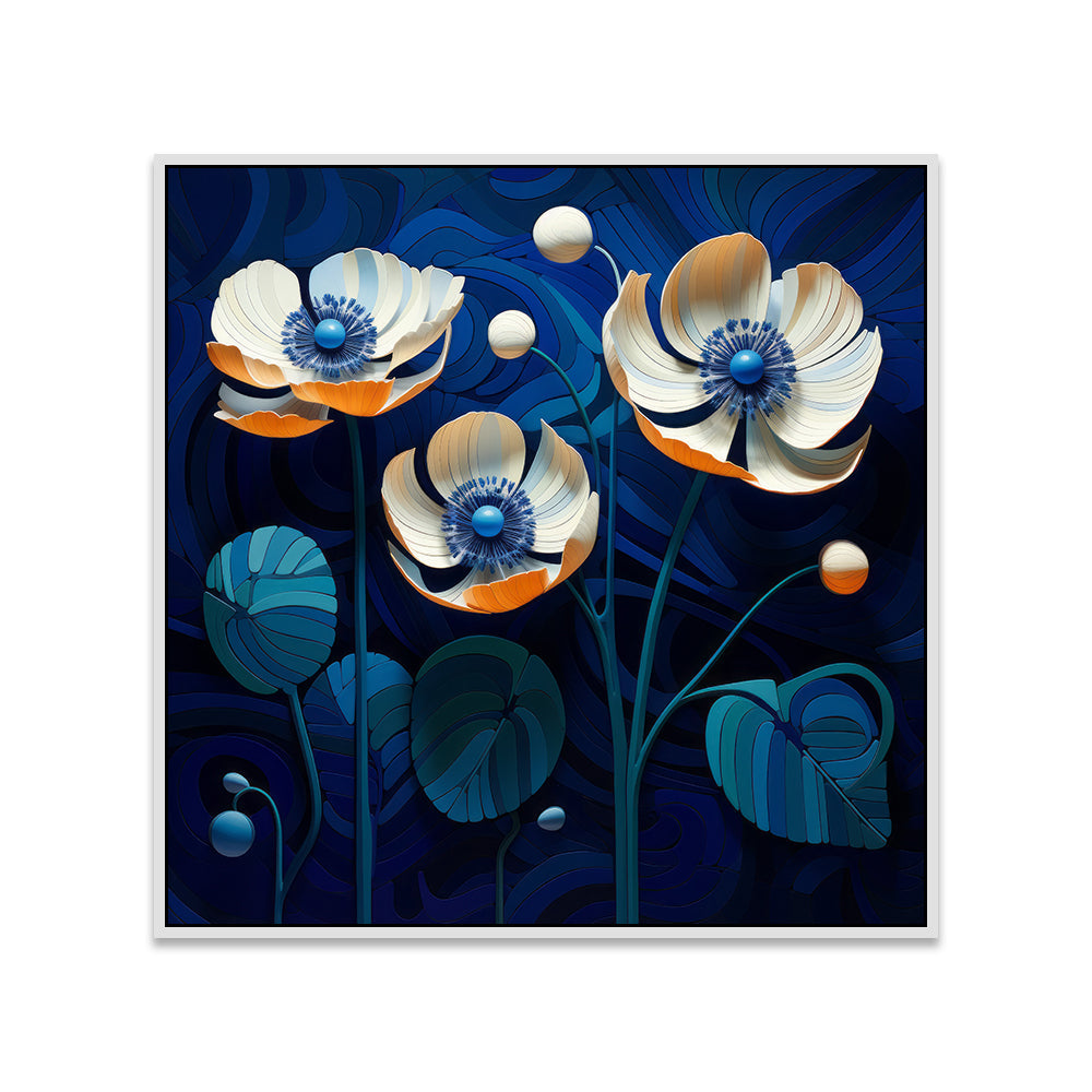 Colorful Surrealistic Flower Art On Blue Background Canvas Wall Painting
