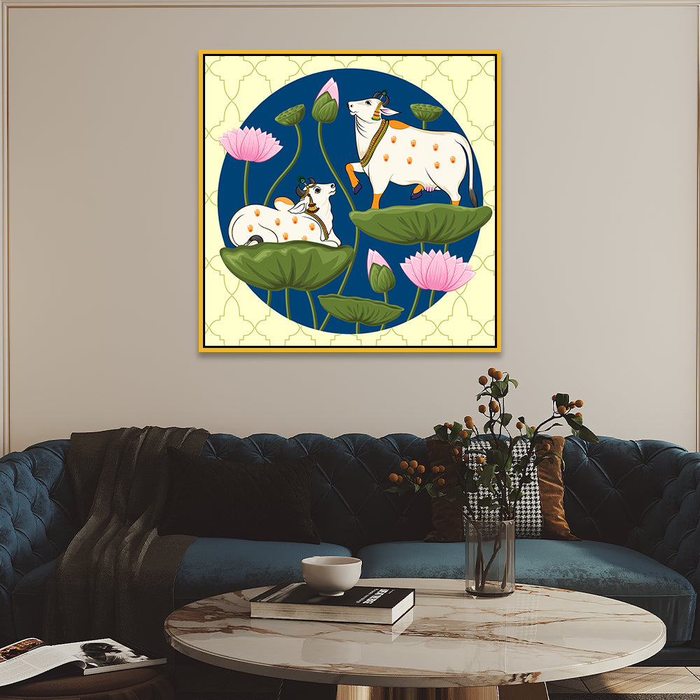 Exquisite Pichwai Square Canvas Painting with Cow and Lotus Design FF052