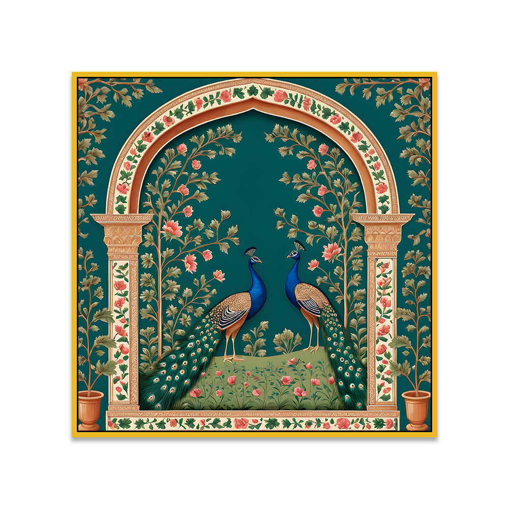 Blue & Gold Peacock Couple Square Vastu Canvas Wall Painting