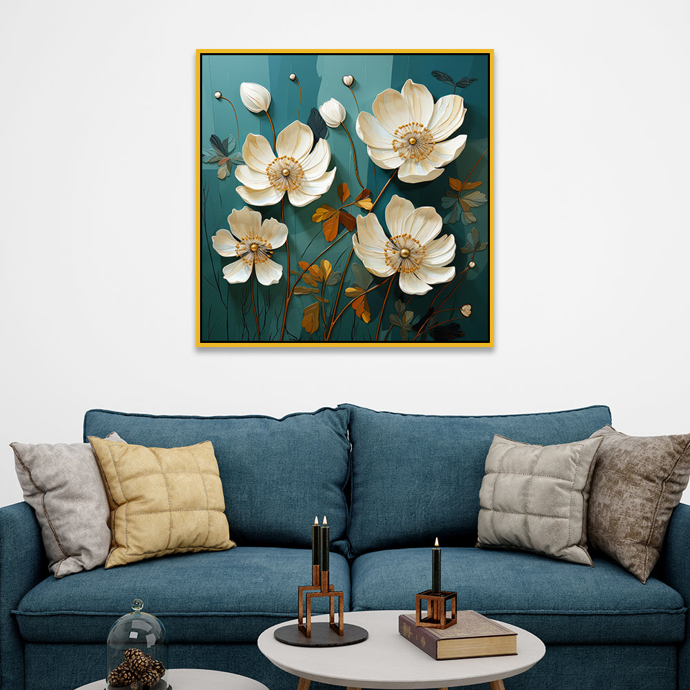 Teal And White Gold Floral 3d Digital Printed Canvas Wall Painting
