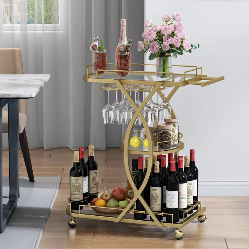 Elegant Gold Metal Bar Cart With Artistic Arched Detailing