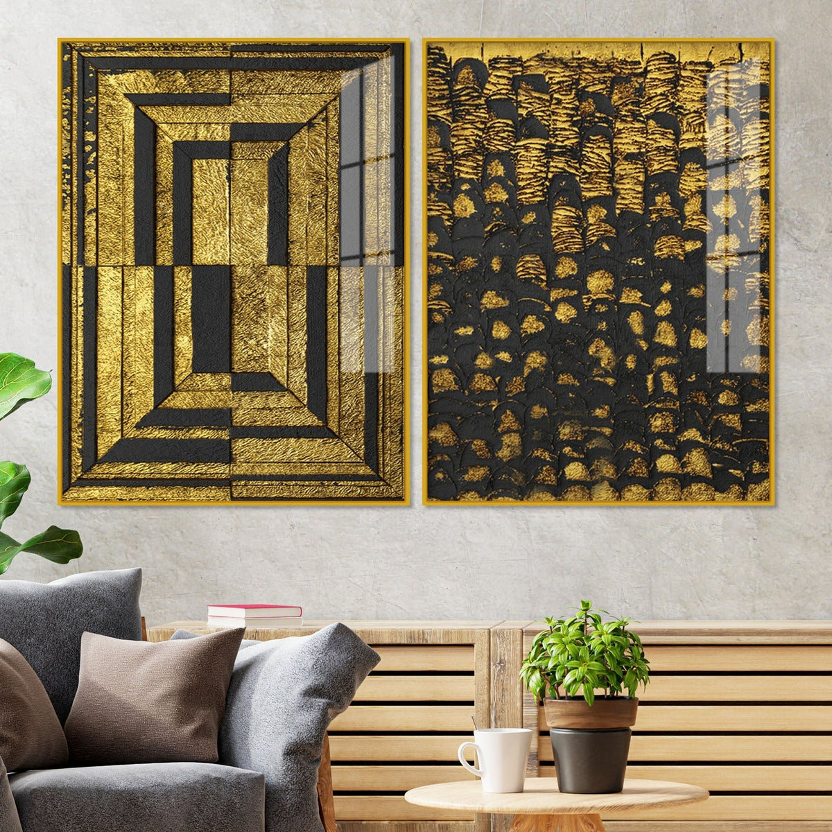 Golden Abstract Artistic Shapes Art Acrylic Floating Wall Painting Set of 2
