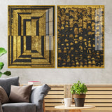 Golden Abstract Artistic Shapes Art Acrylic Floating Wall Painting Set of 2