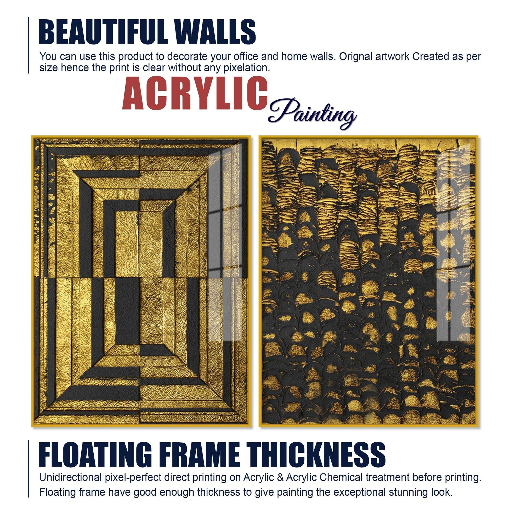 Golden Abstract Artistic Shapes Art Acrylic Floating Wall Painting Set of 2