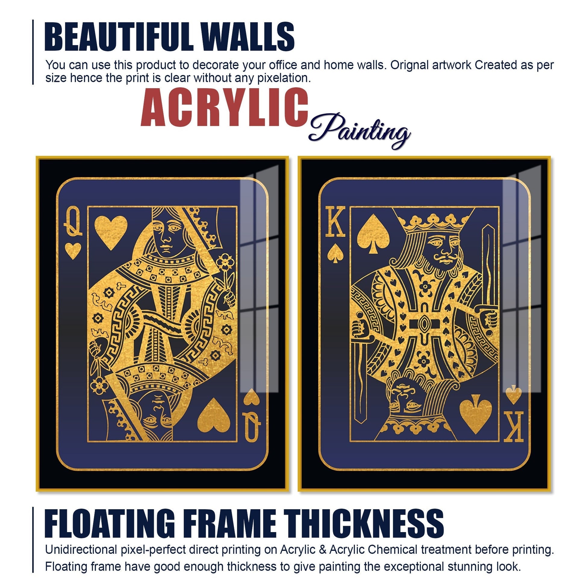 Golden Card of King and Queen Acrylic Floating Wall Painting Set of 2