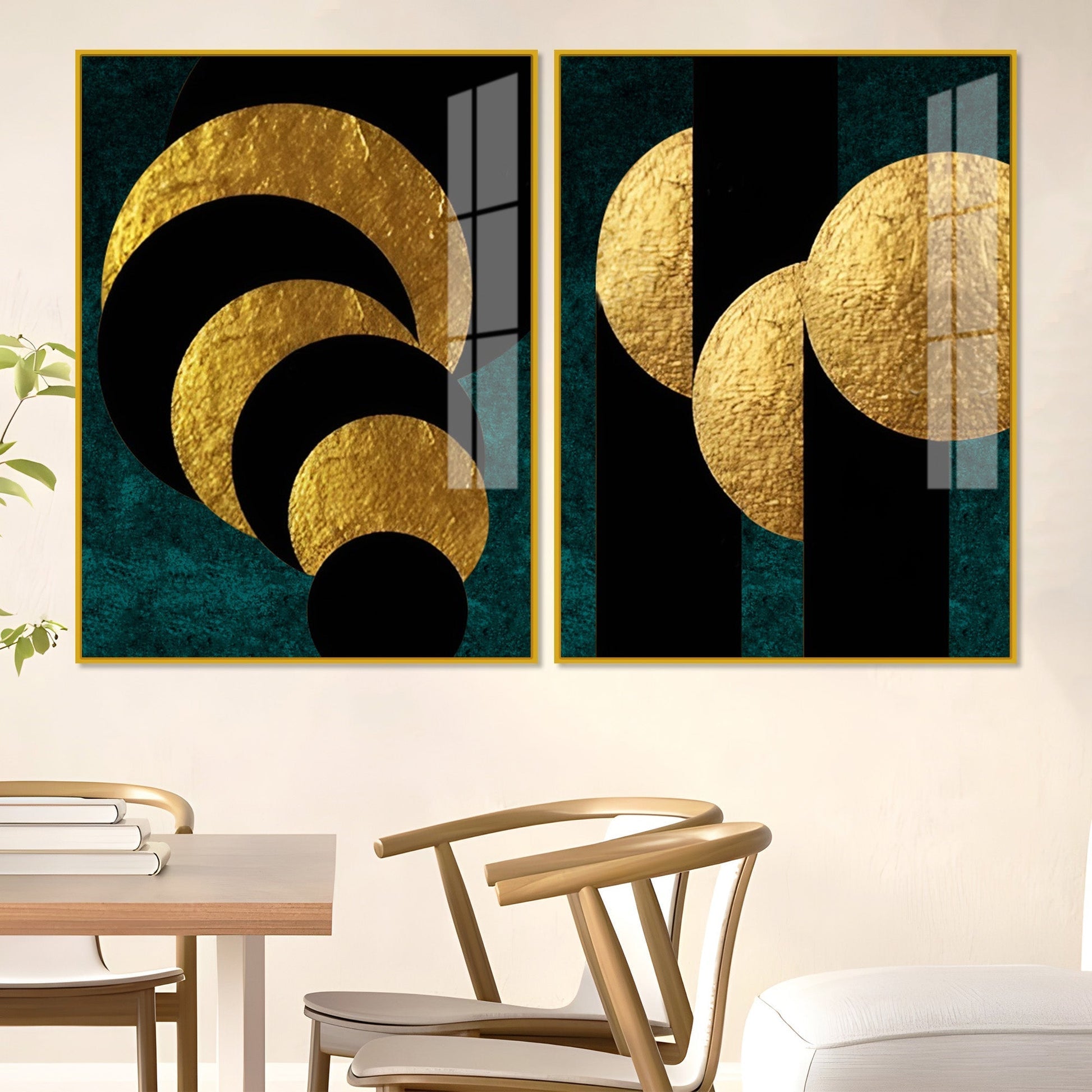 Golden Geometric Circles Shapes Art Acrylic Floating Wall Painting Set of 2