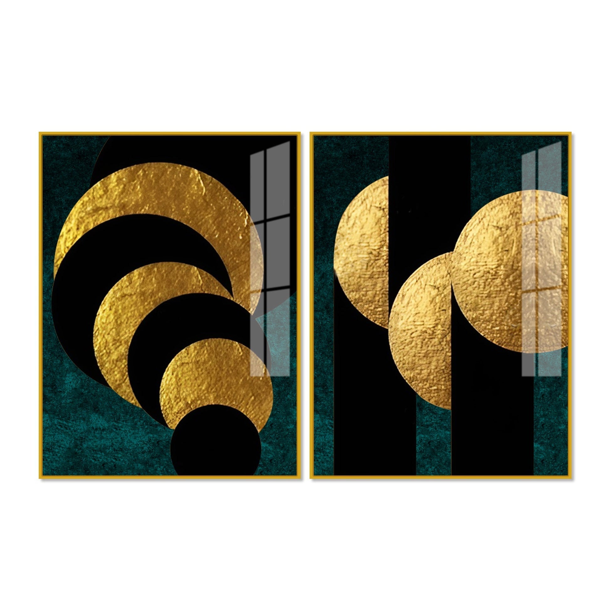 Golden Geometric Circles Shapes Art Acrylic Floating Wall Painting Set of 2