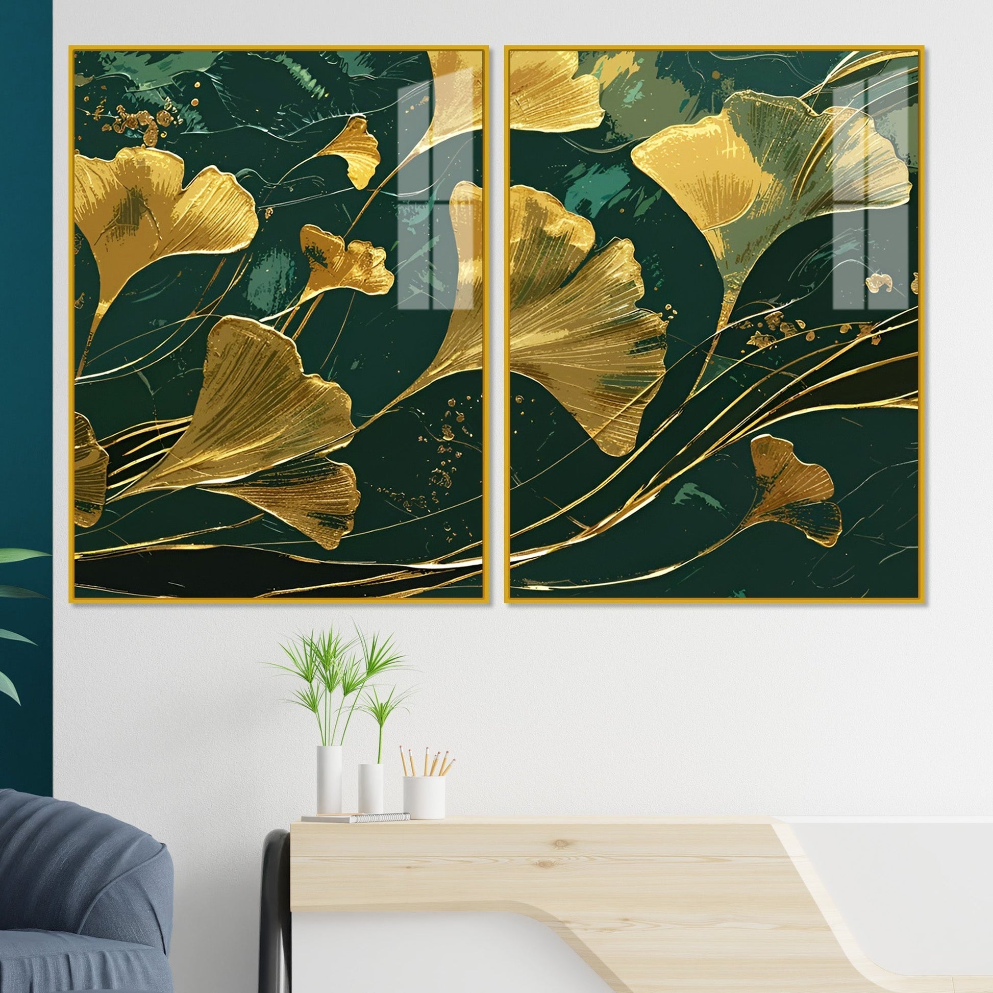 Golden Ginkgo Biloba Leaves Drawn Acrylic Floating Wall Painting Set of 2