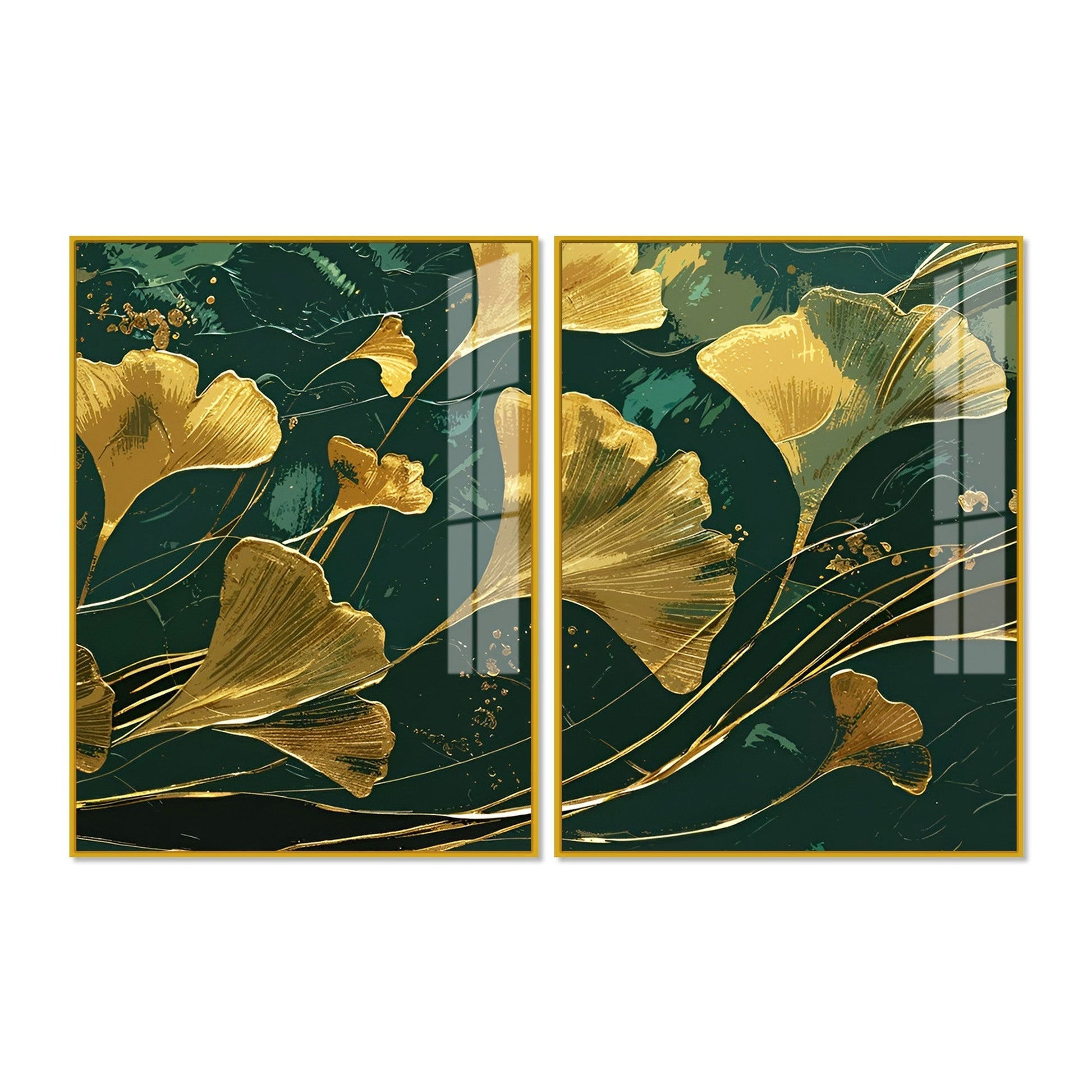 Golden Ginkgo Biloba Leaves Drawn Acrylic Floating Wall Painting Set of 2