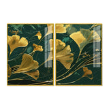 Golden Ginkgo Biloba Leaves Drawn Acrylic Floating Wall Painting Set of 2