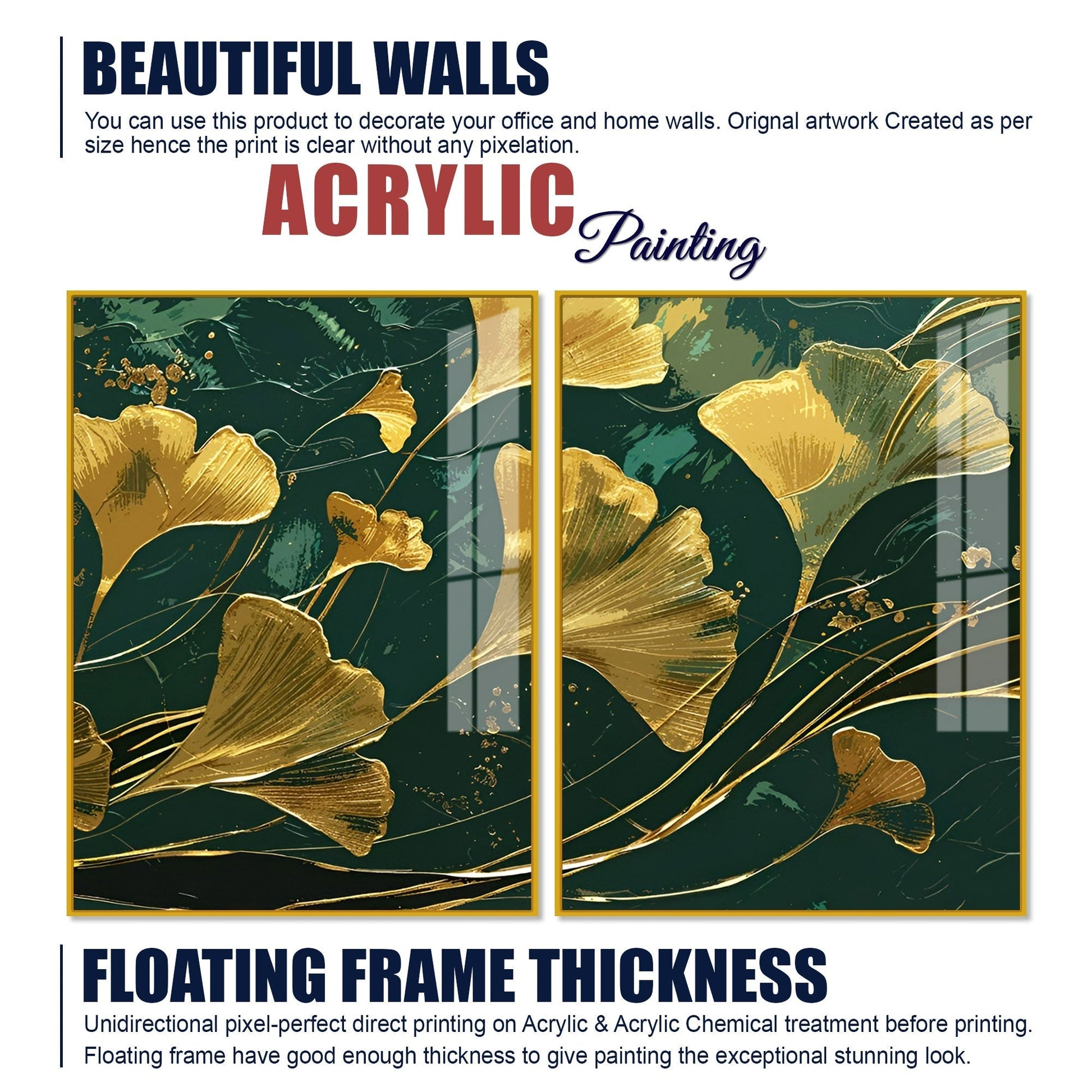 Golden Ginkgo Biloba Leaves Drawn Acrylic Floating Wall Painting Set of 2