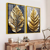 Golden Leaf Textured Impasto Layers Acrylic Floating Wall Painting Set of 2