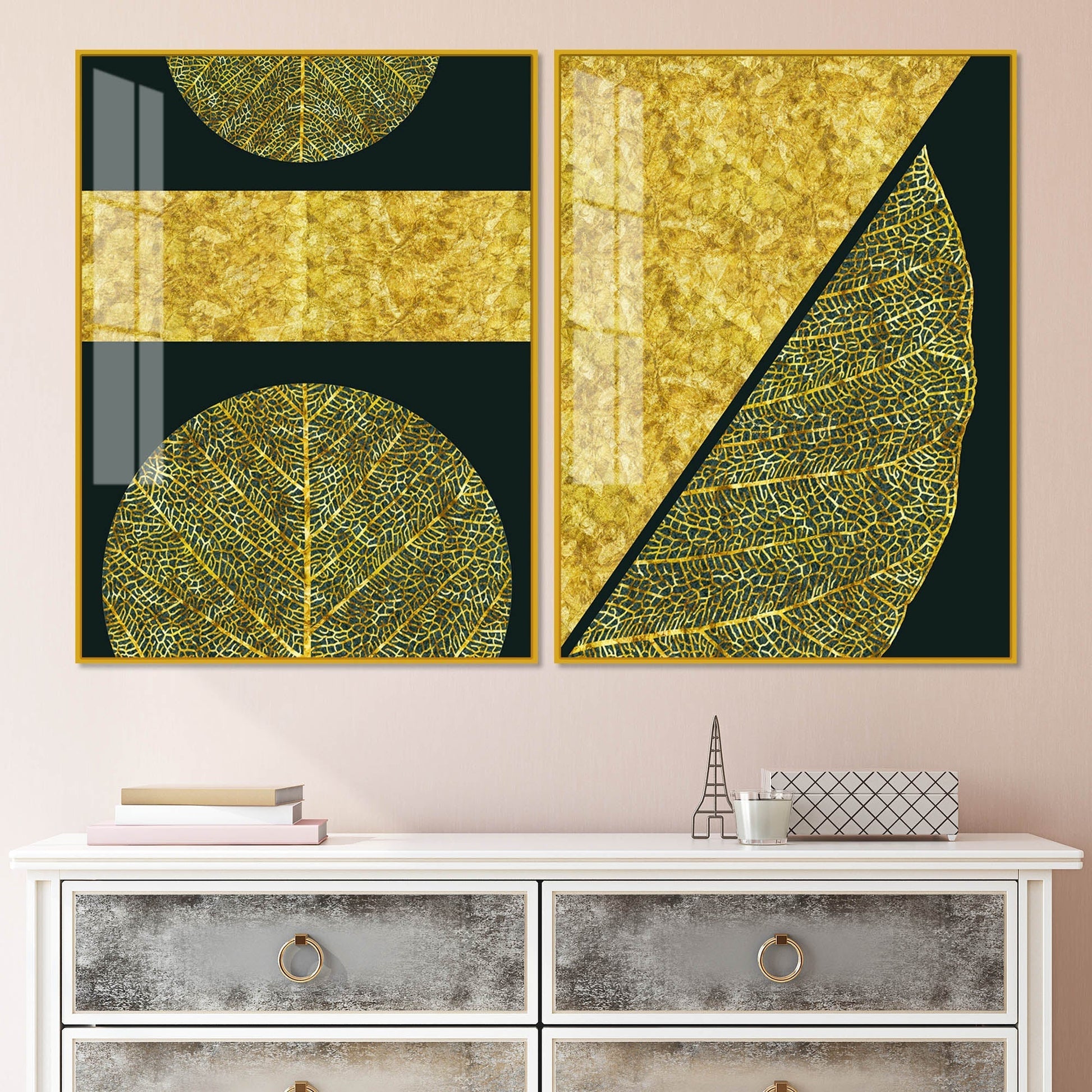 Golden Leaves and Line Art Acrylic Floating Wall Painting Set of 2