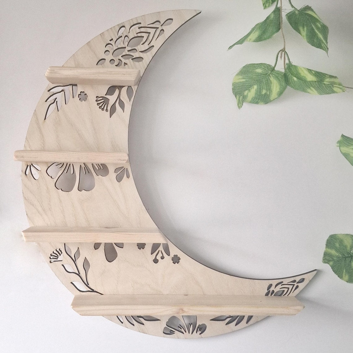 Moon Shape Wood Wall Shelves Large Size / Book Shelf, Walnut Finish