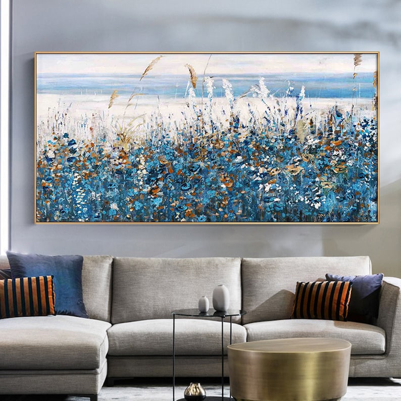 Flower abstract art on canvas Nature home decor blue horsetail grass canvas painting,wall art, handmade gift