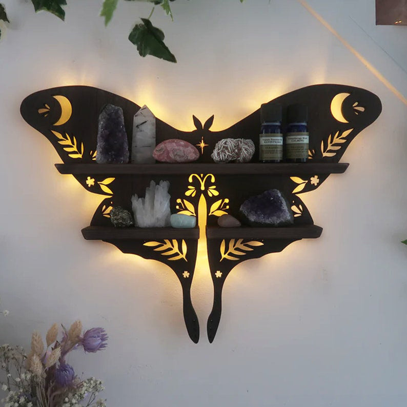 Premium Butterfly Wood Wall Shelves Large Size / Backlit Book Shelf, Walnut Finish - Brown
