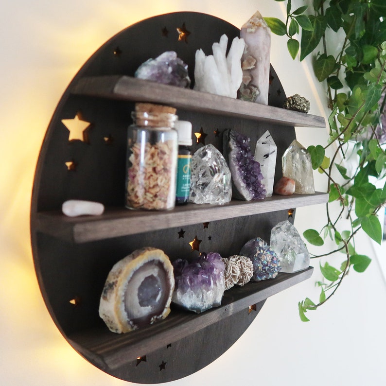 Round Cercle Wood Wall Shelves Large Size / Backlit Book Shelf, Walnut Finish