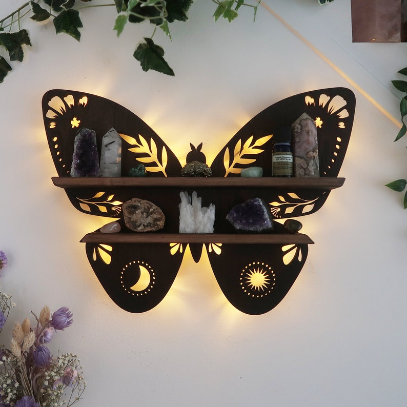 Premium Butterfly Wood Wall Shelves Large Size / Backlit Book Shelf, Walnut Finish - Brown