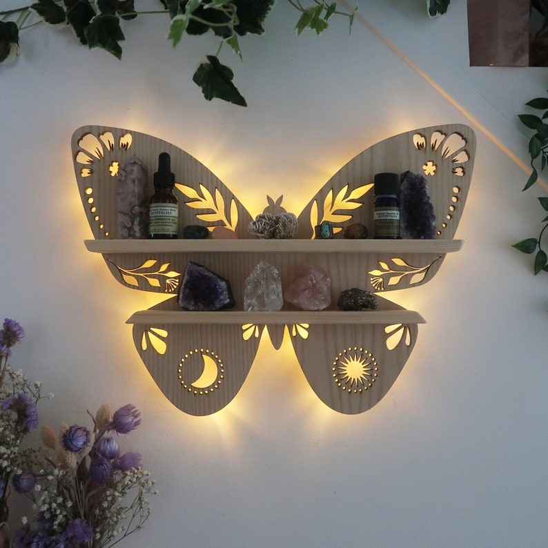 Premium Butterfly Wood Wall Shelves Large Size / Backlit Book Shelf, Walnut Oak Finish