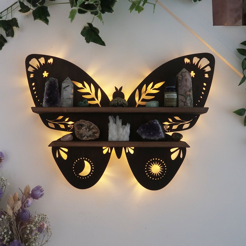 Premium Butterfly Wood Wall Shelves Large Size / Backlit Book Shelf, Walnut Finish - Brown