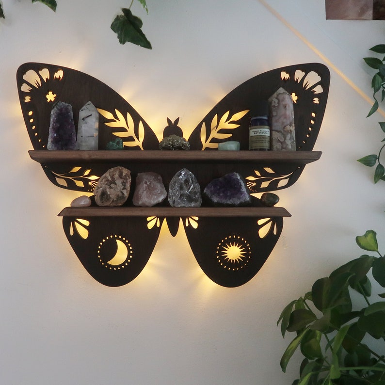 Premium Butterfly Wood Wall Shelves Large Size / Backlit Book Shelf, Walnut Finish - Brown