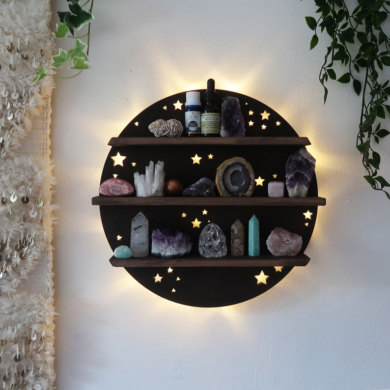 Round Cercle Wood Wall Shelves Large Size / Backlit Book Shelf, Walnut Finish
