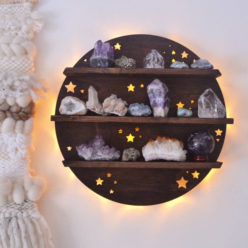 Round Cercle Wood Wall Shelves Large Size / Backlit Book Shelf, Walnut Finish