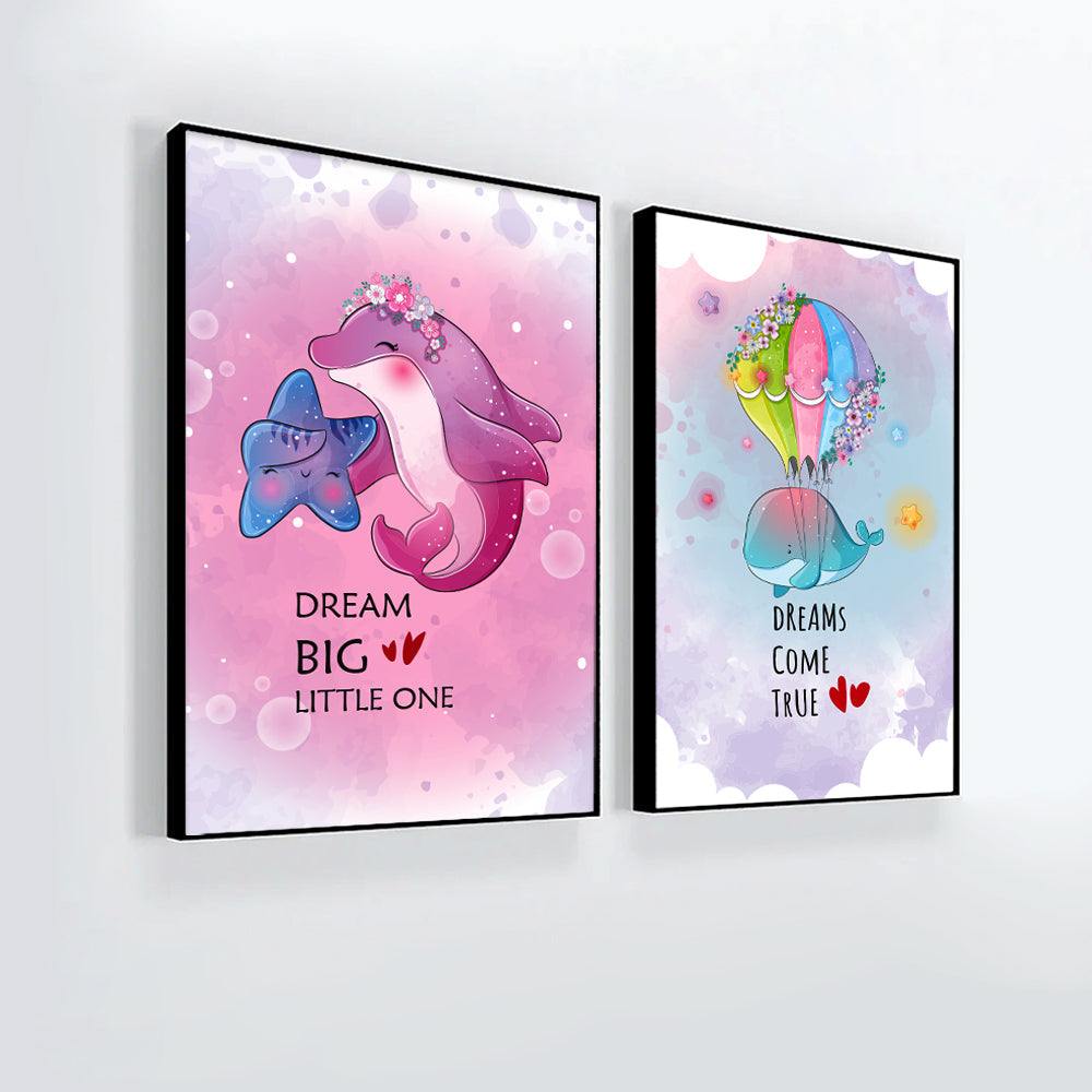 Cute Animal Dolphin With Starfish And Stingray Happy Flying Frame Set Of 3