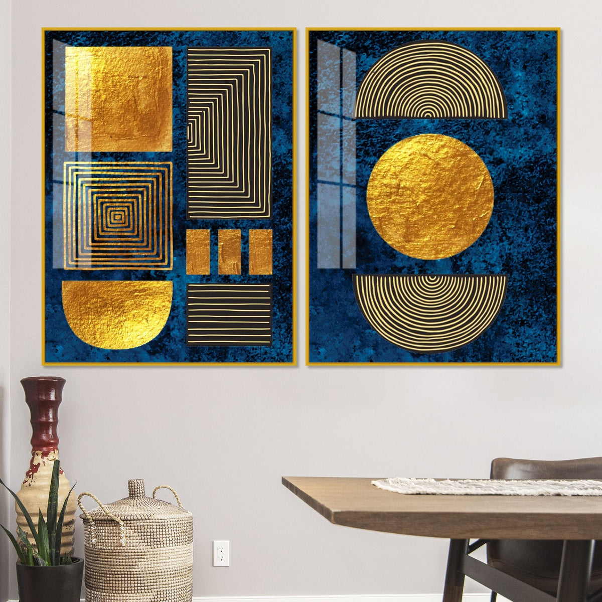 Line Art Golden Shapes Acrylic Floating Wall Painting Set of 2