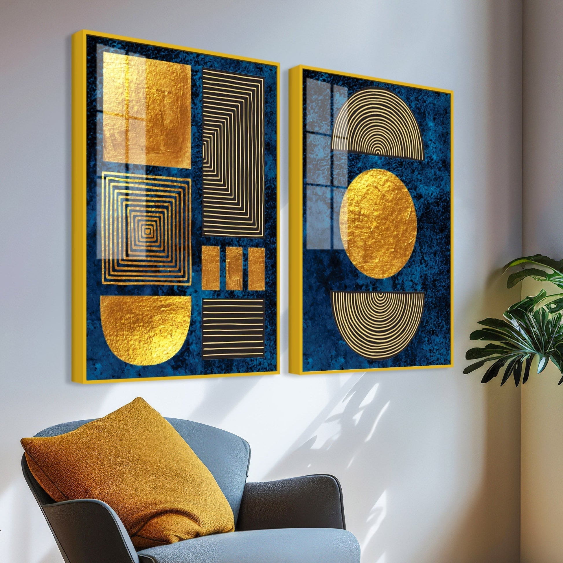 Line Art Golden Shapes Acrylic Floating Wall Painting Set of 2