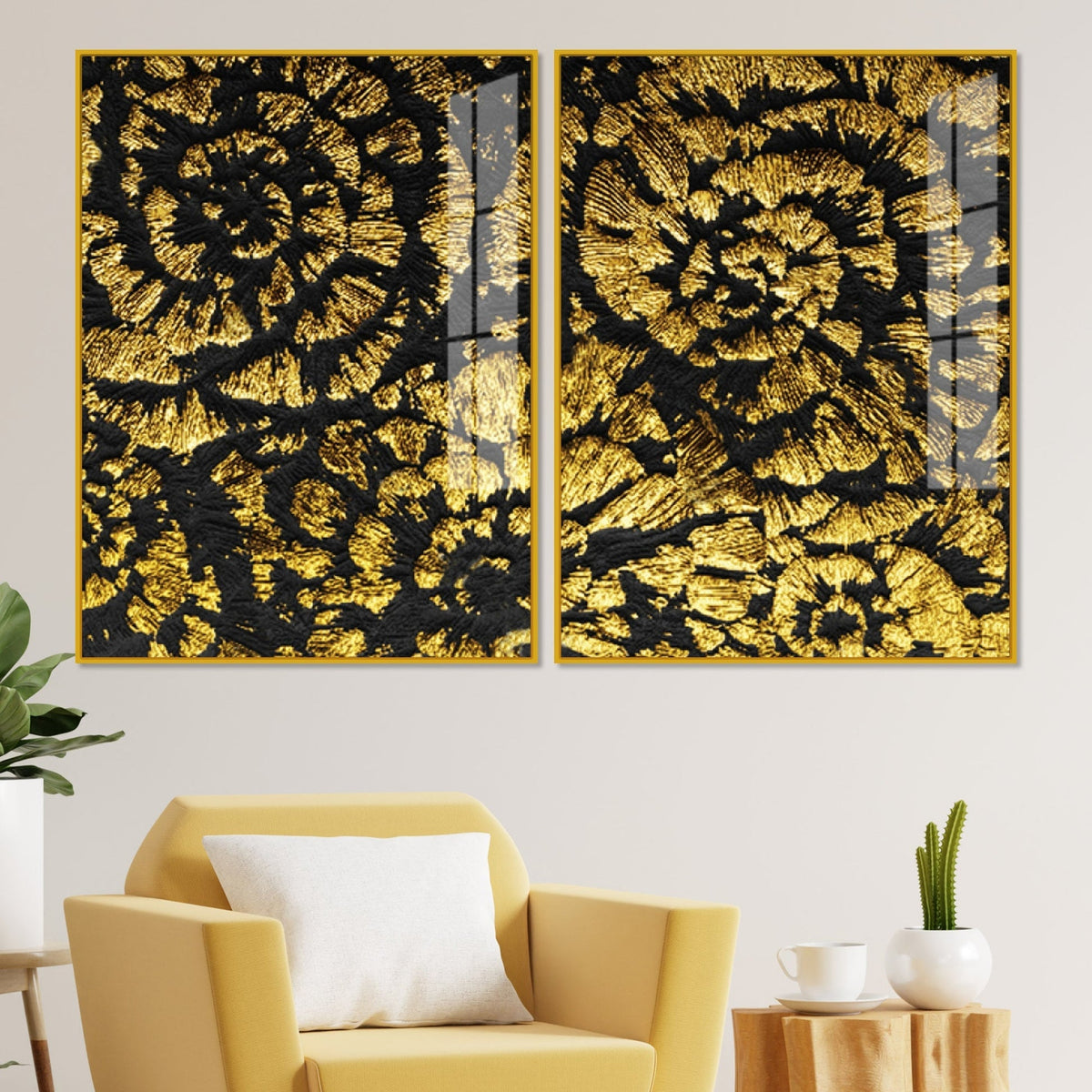 Luxurious Abstract Golden Textural Art Acrylic Floating Wall Painting Set of 2