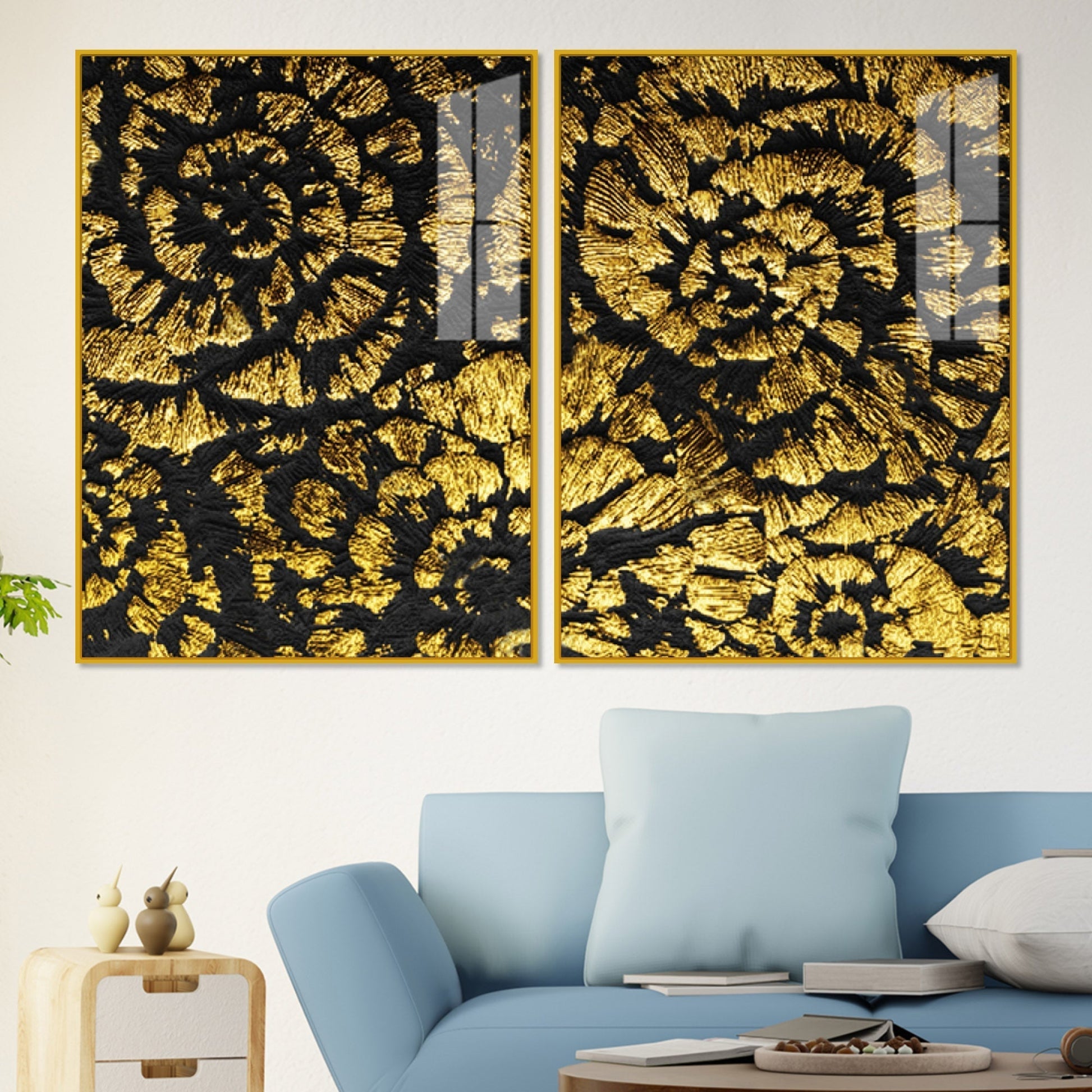 Luxurious Abstract Golden Textural Art Acrylic Floating Wall Painting Set of 2