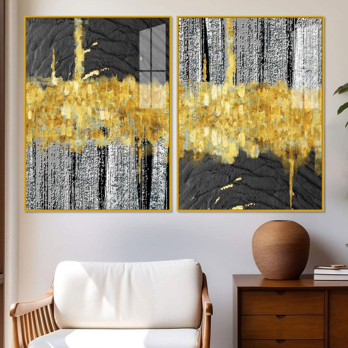 Luxurious Golden Textured Pattern Shapes Acrylic Floating Wall Painting Set of 2