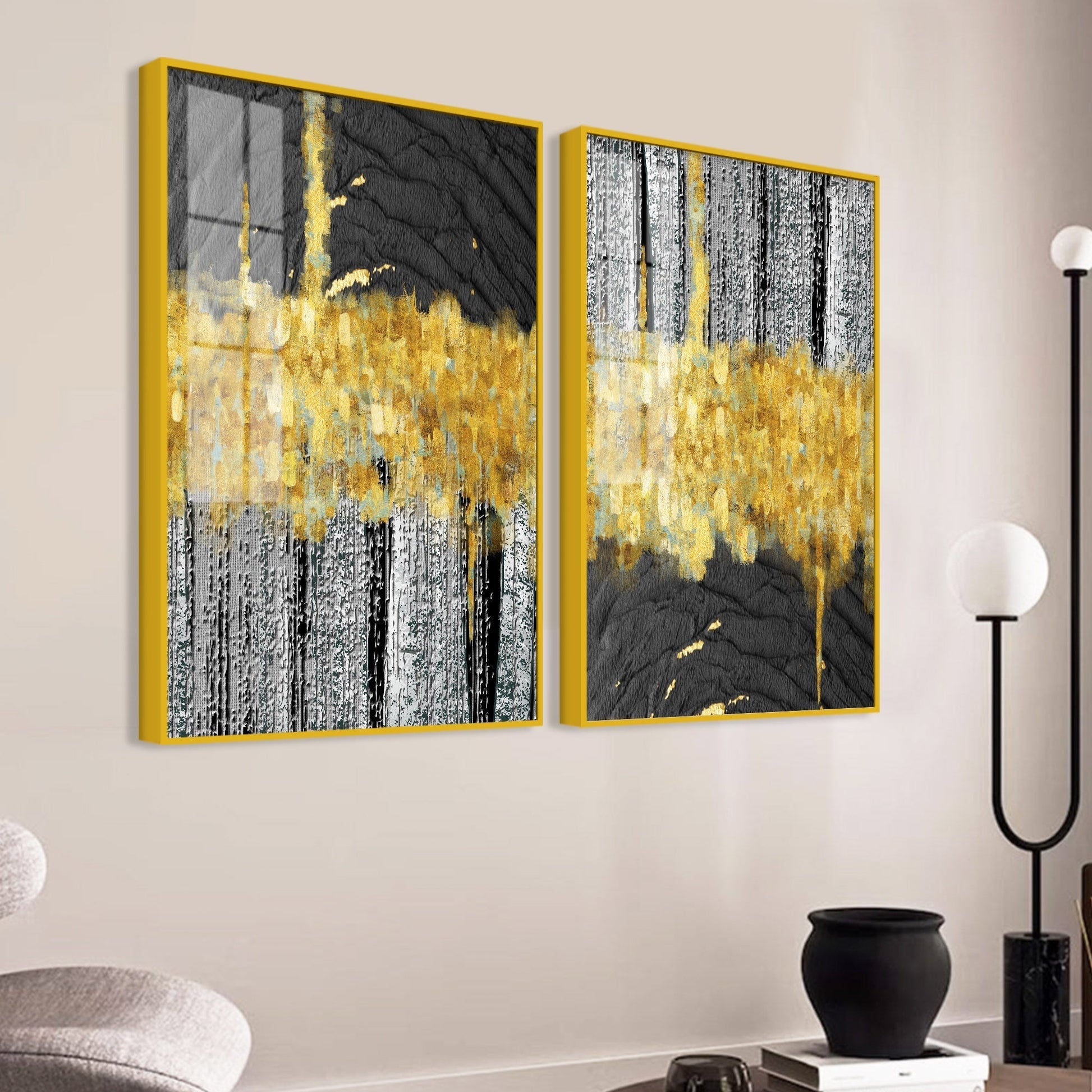 Luxurious Golden Textured Pattern Shapes Acrylic Floating Wall Painting Set of 2
