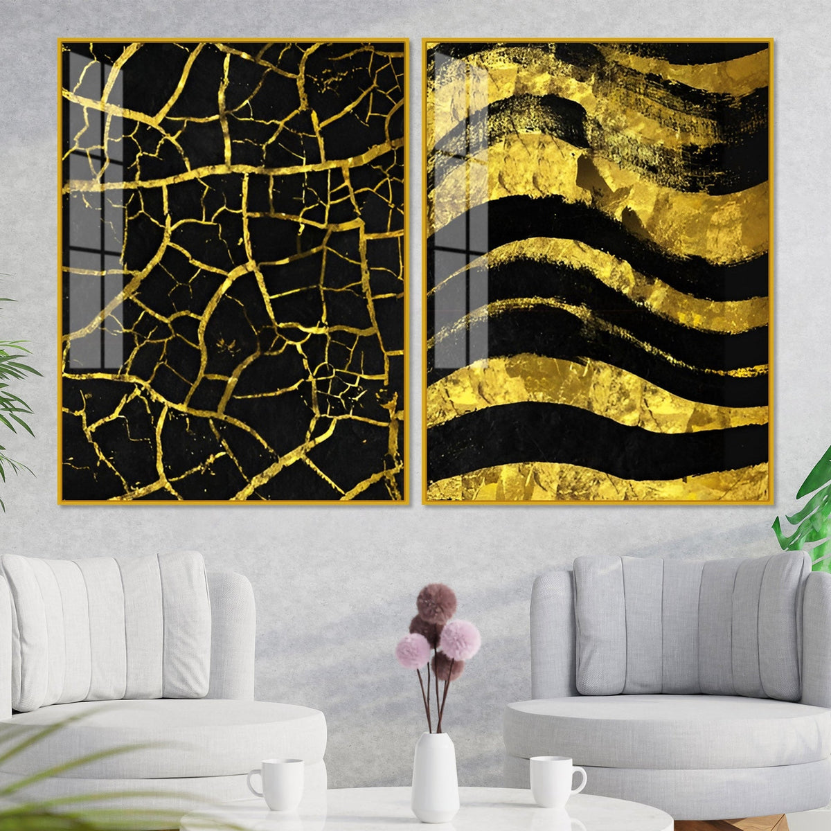Luxury Black and Gold Marble Texture Acrylic Floating Wall Painting Set of 2