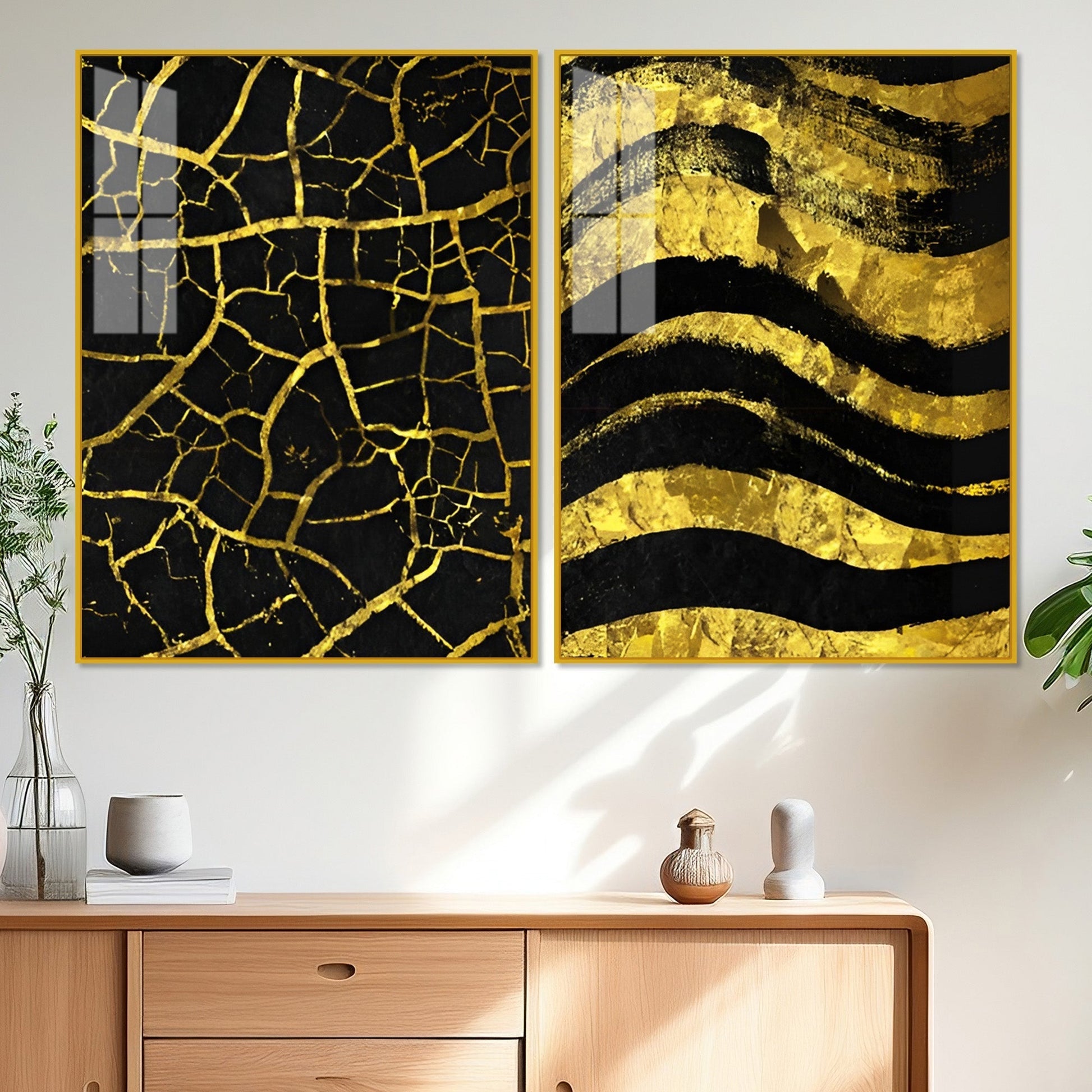 Luxury Black and Gold Marble Texture Acrylic Floating Wall Painting Set of 2