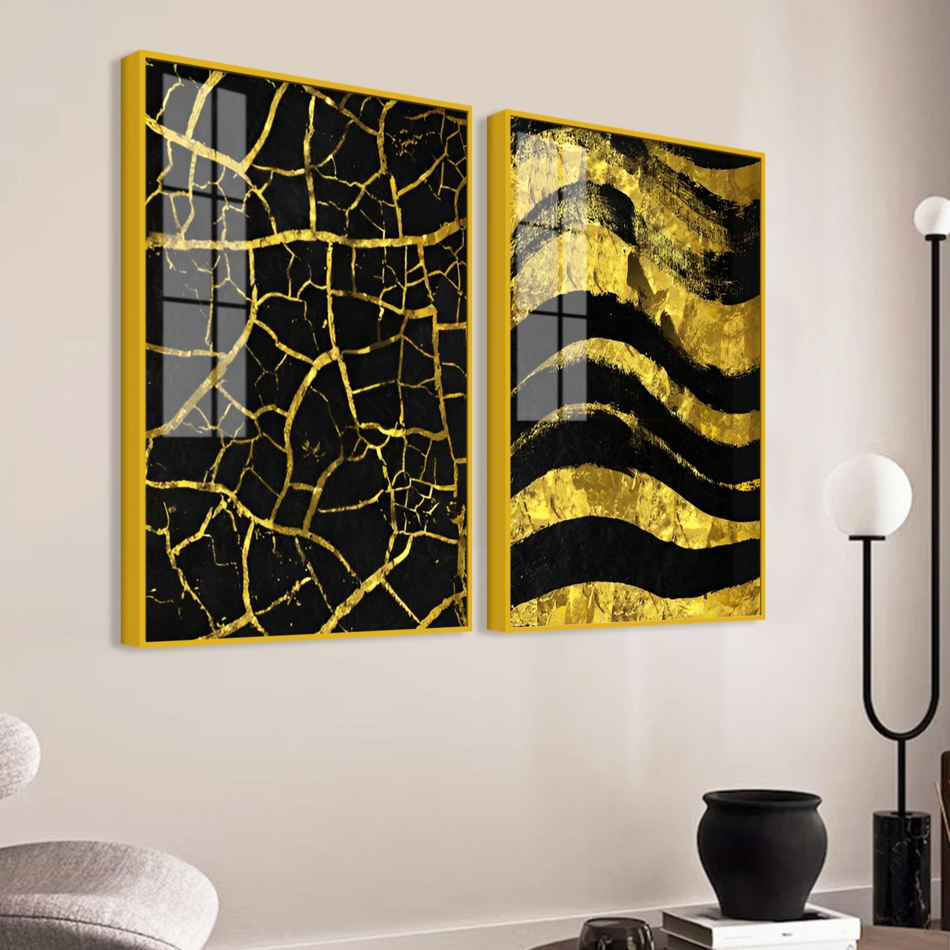 Luxury Black and Gold Marble Texture Acrylic Floating Wall Painting Set of 2