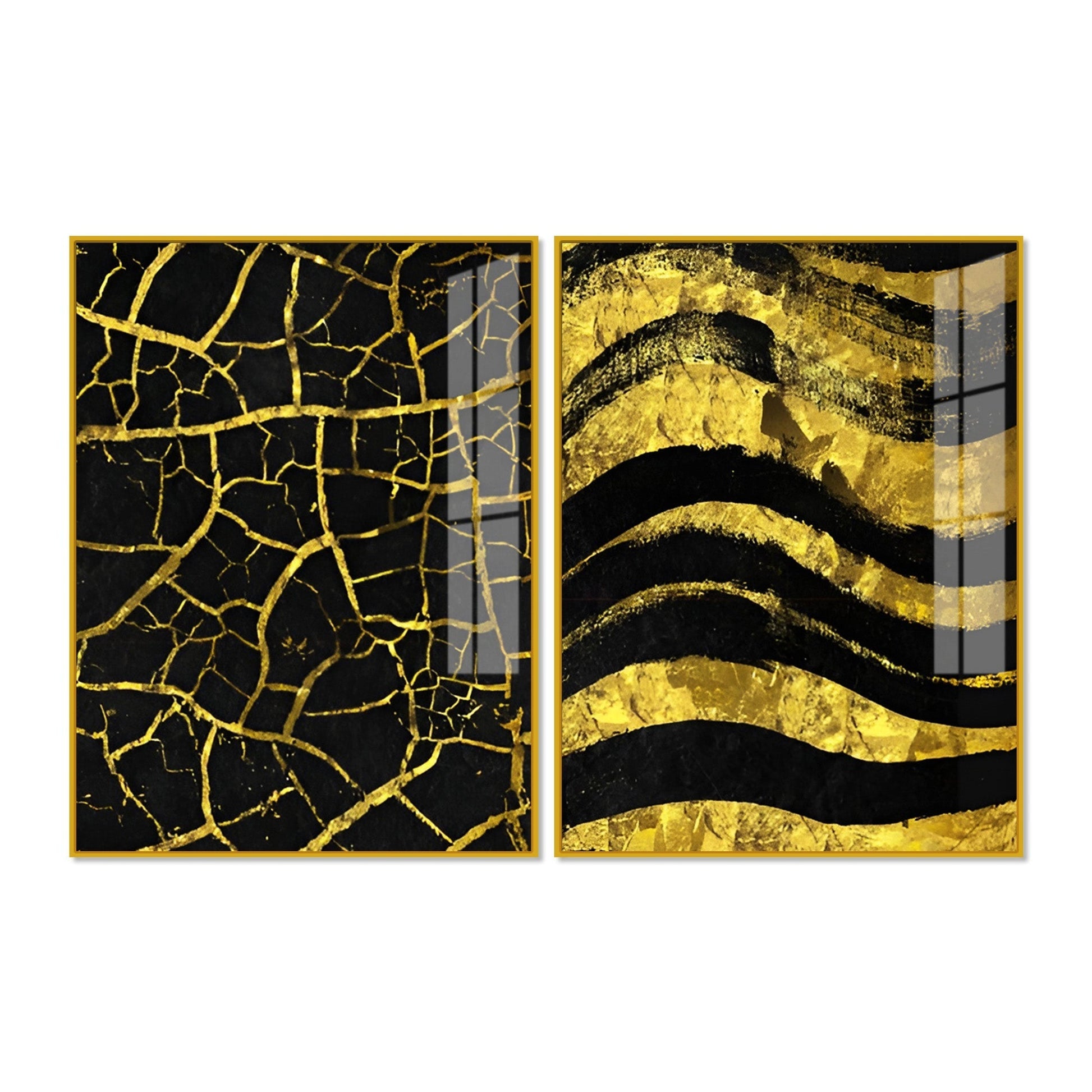 Luxury Black and Gold Marble Texture Acrylic Floating Wall Painting Set of 2