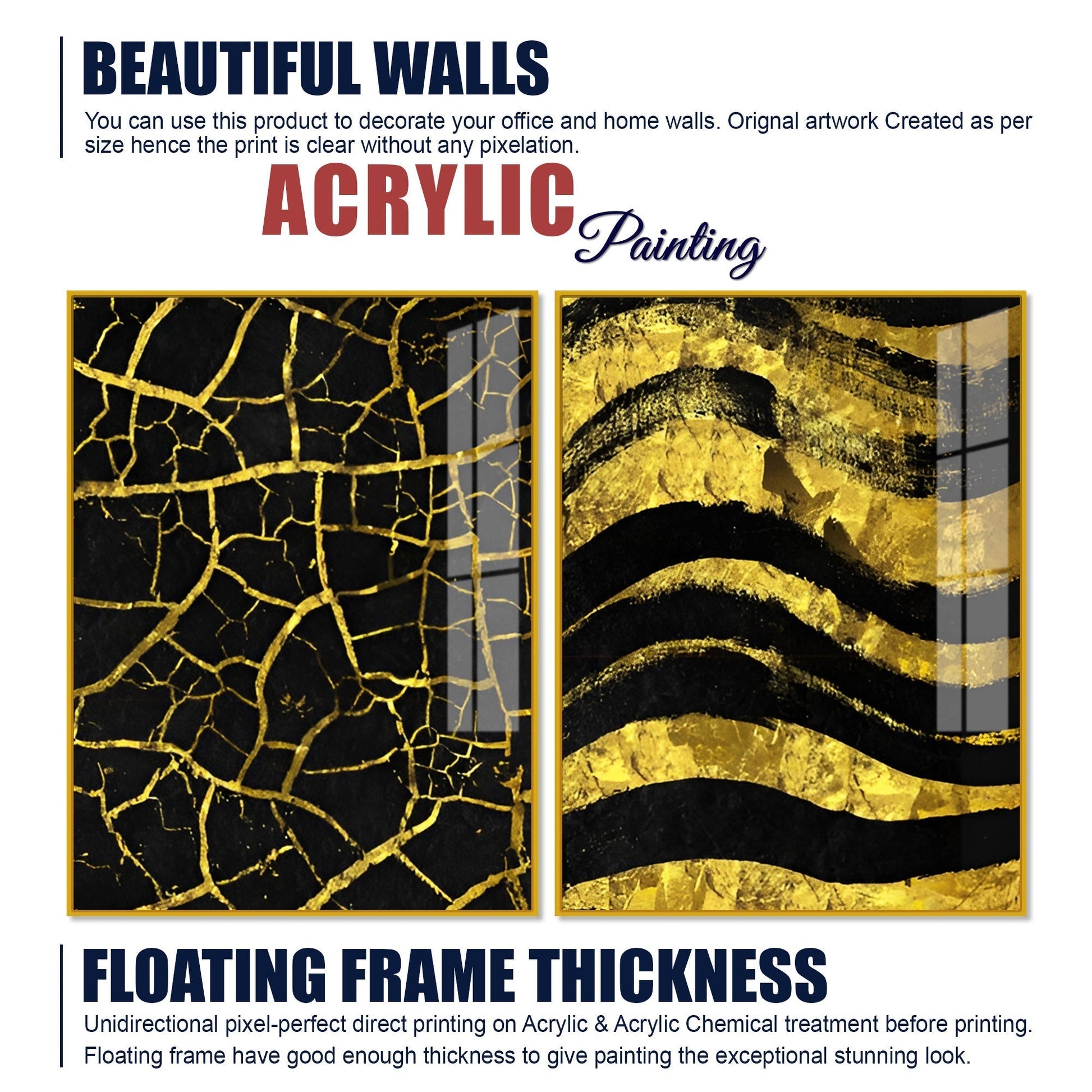 Luxury Black and Gold Marble Texture Acrylic Floating Wall Painting Set of 2