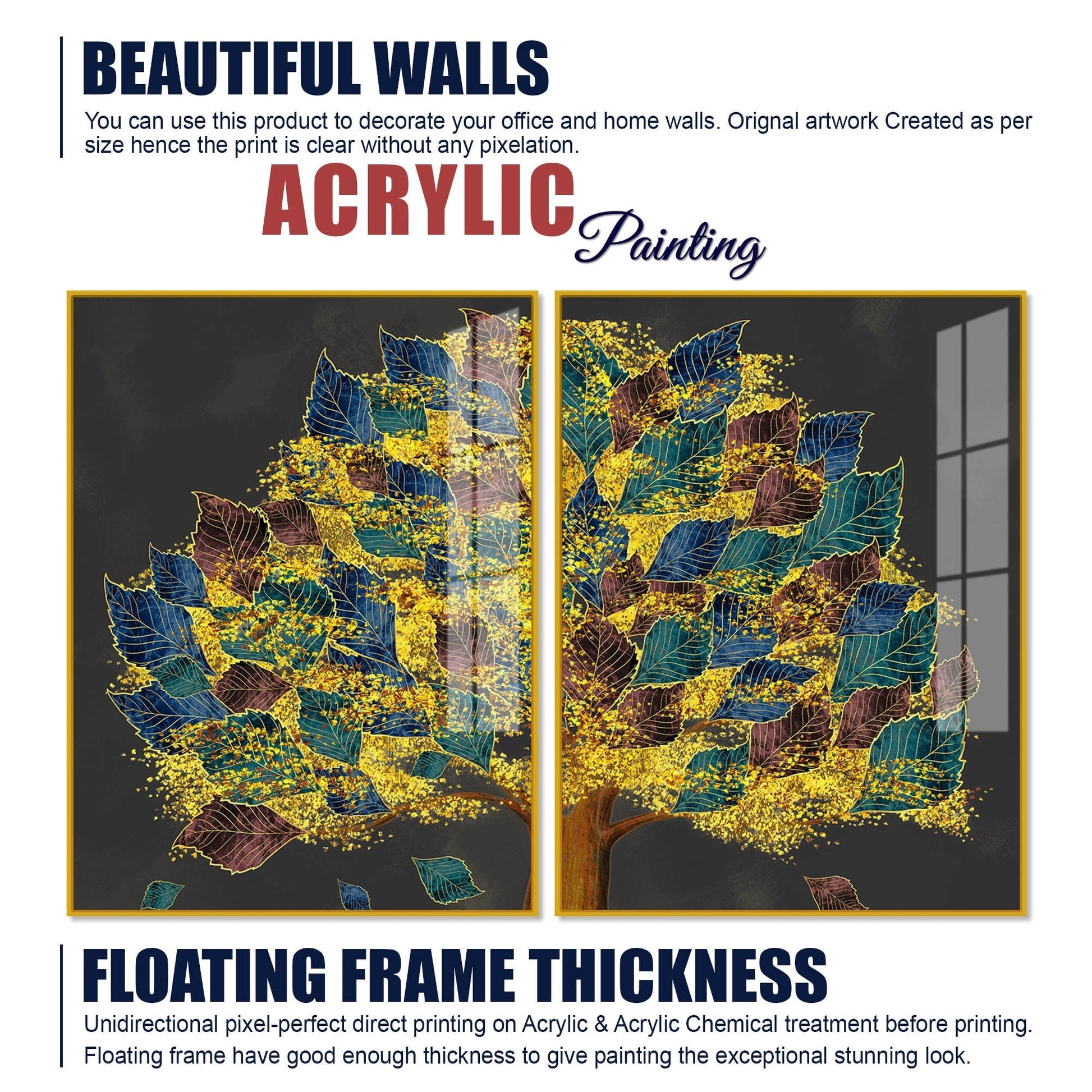 Luxury Golden Shiny Tufted Leaves Tree Acrylic Floating Wall Painting Set of 2