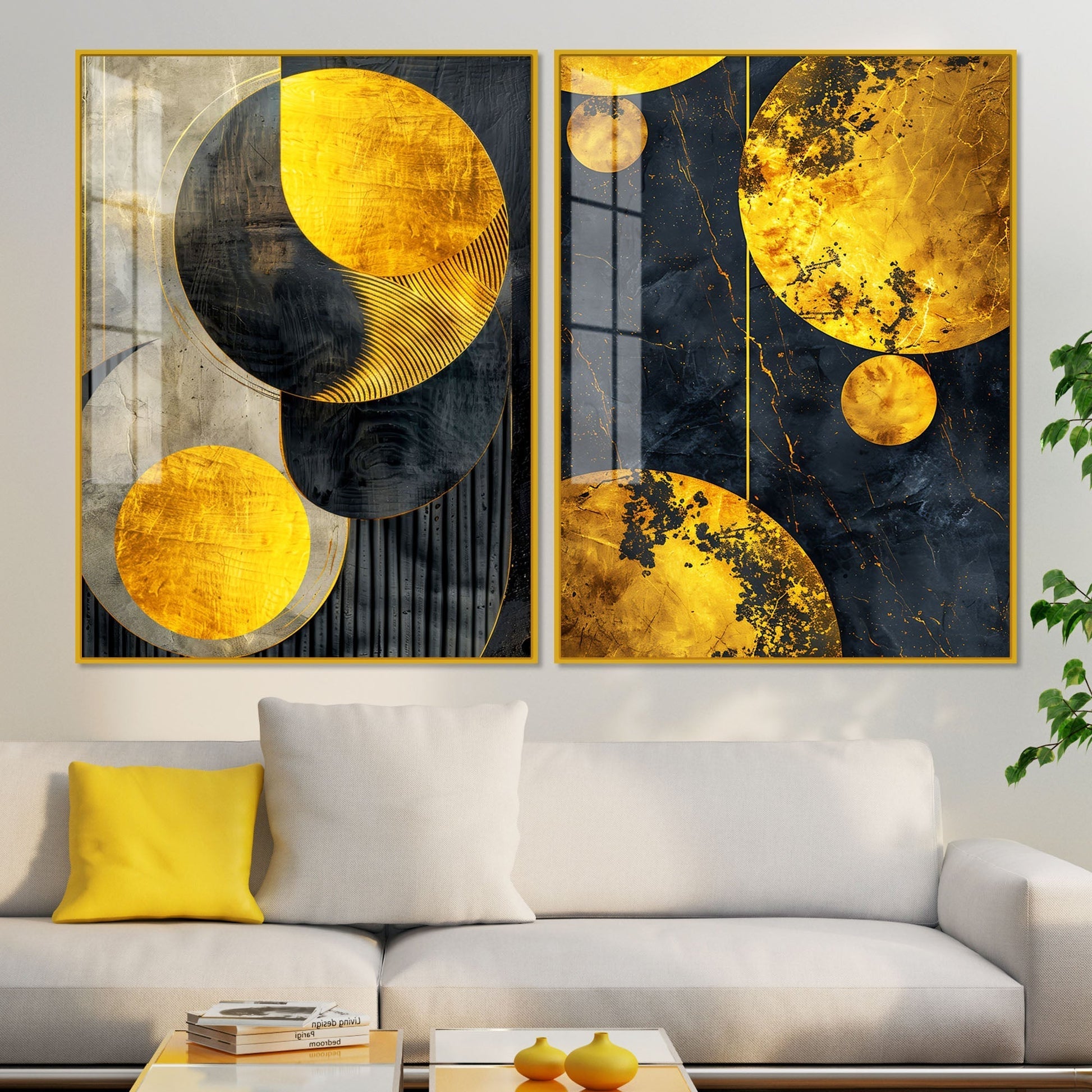 Modern Luxurious Golden Shapes Acrylic Floating Wall Painting Set of 2